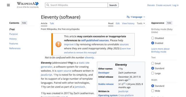 A screenshot of the Wikipedia page for Eleventy